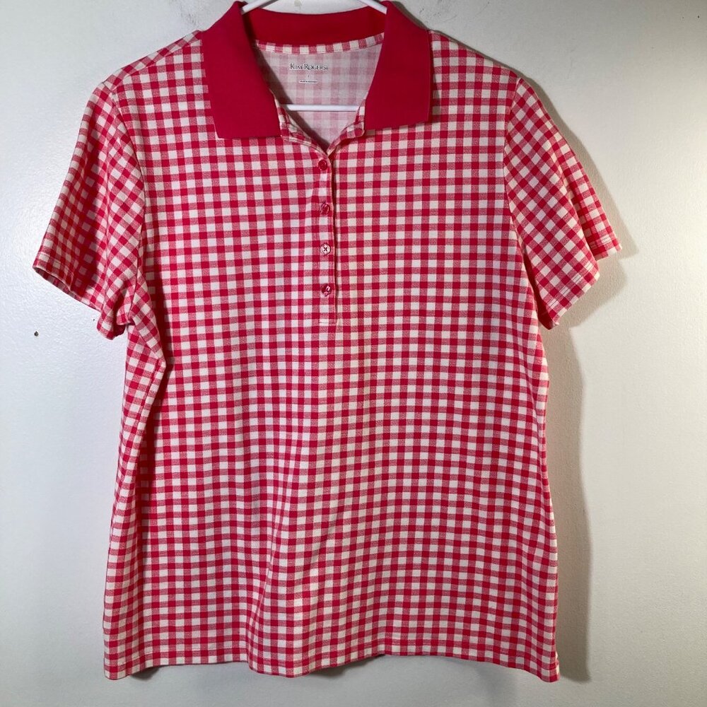 Womens Kim Rogers Gingham Short Sleeve Polo Pink Coral White L Cotton